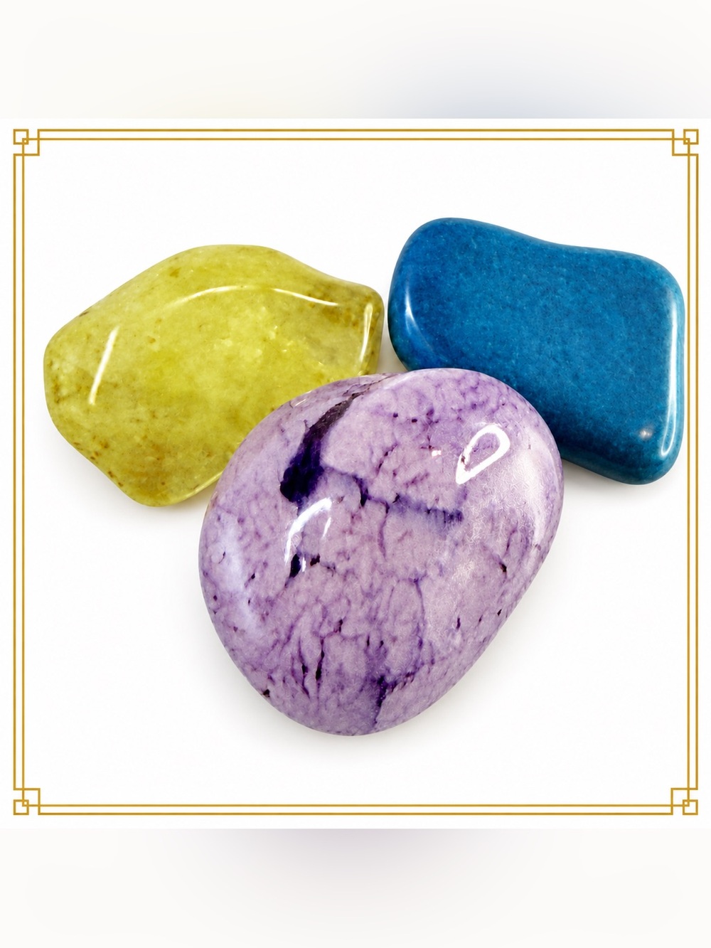 Set of Trio of Natural Stones Purple Agate Yellow Calcite Blue Agate Trio